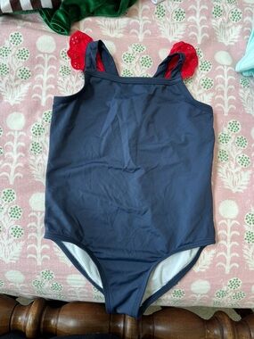 The Beaufort bonnet company Navy One-Piece Swimsuit with Red Ruffle Straps